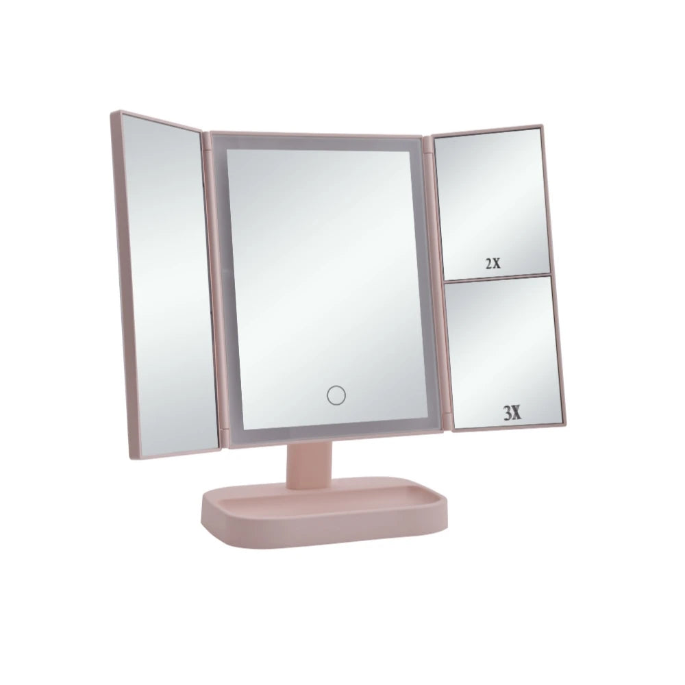 Espejo de maquillaje plegable con pantalla táctil LED regulable, diseño triple, doble cara, aumento 2X 3X, iluminado, portátil, venta al por mayor.