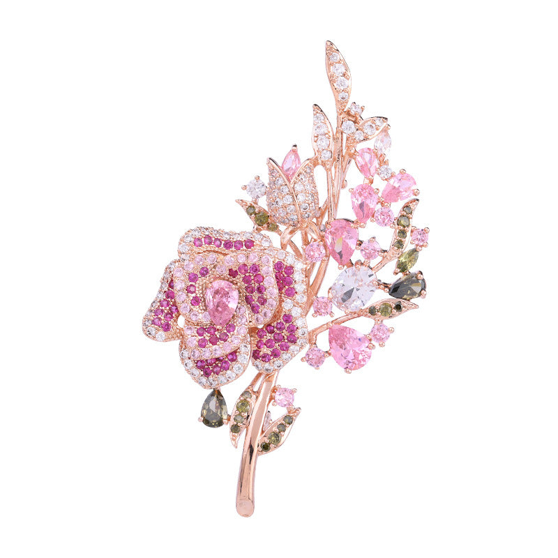 Elegant Women's Brooch Micro-Inlaid Color Zirconium Corsage Alloy Rose Brooch Pin Dinner Dress Flower Brooch