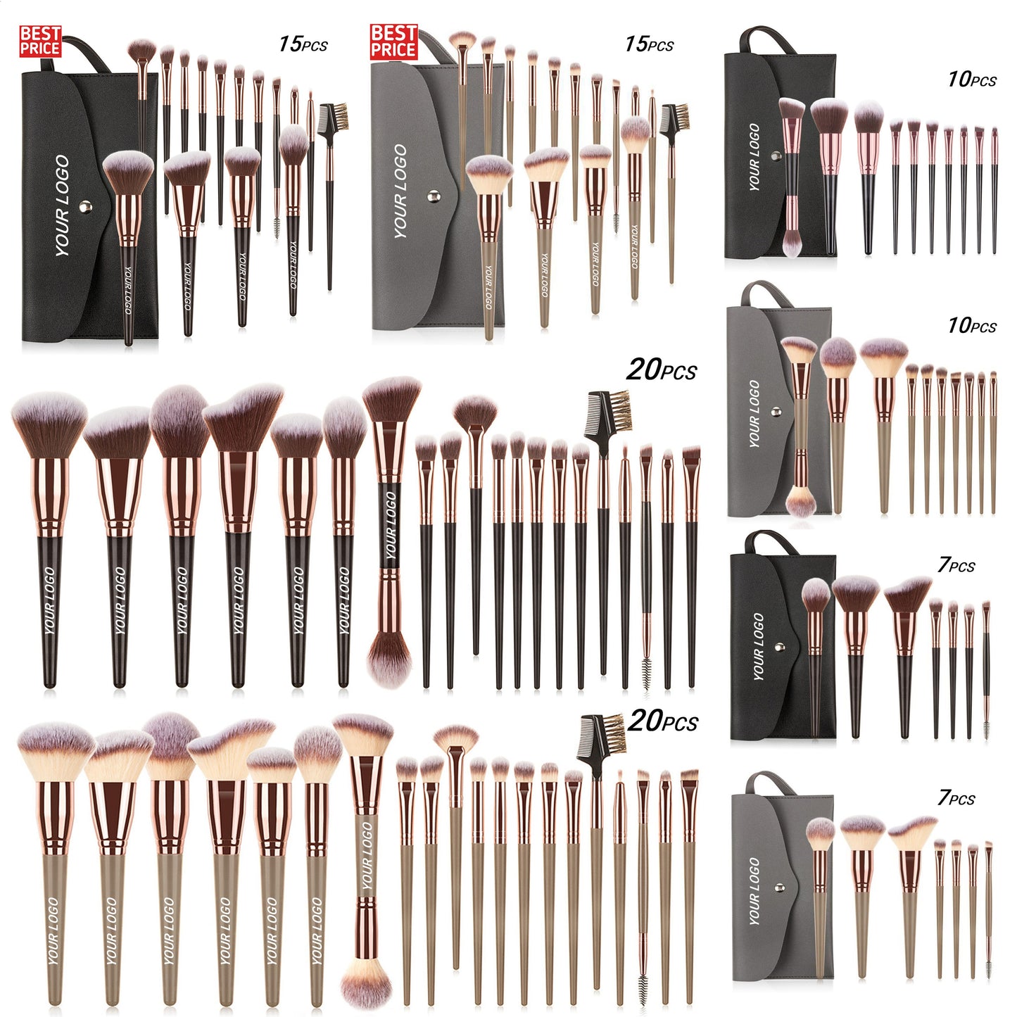 Juego de brochas de maquillaje veganas al por mayor para sombras de ojos, herramienta de maquillaje profesional, marca privada personalizada, color negro y marrón, 15 piezas