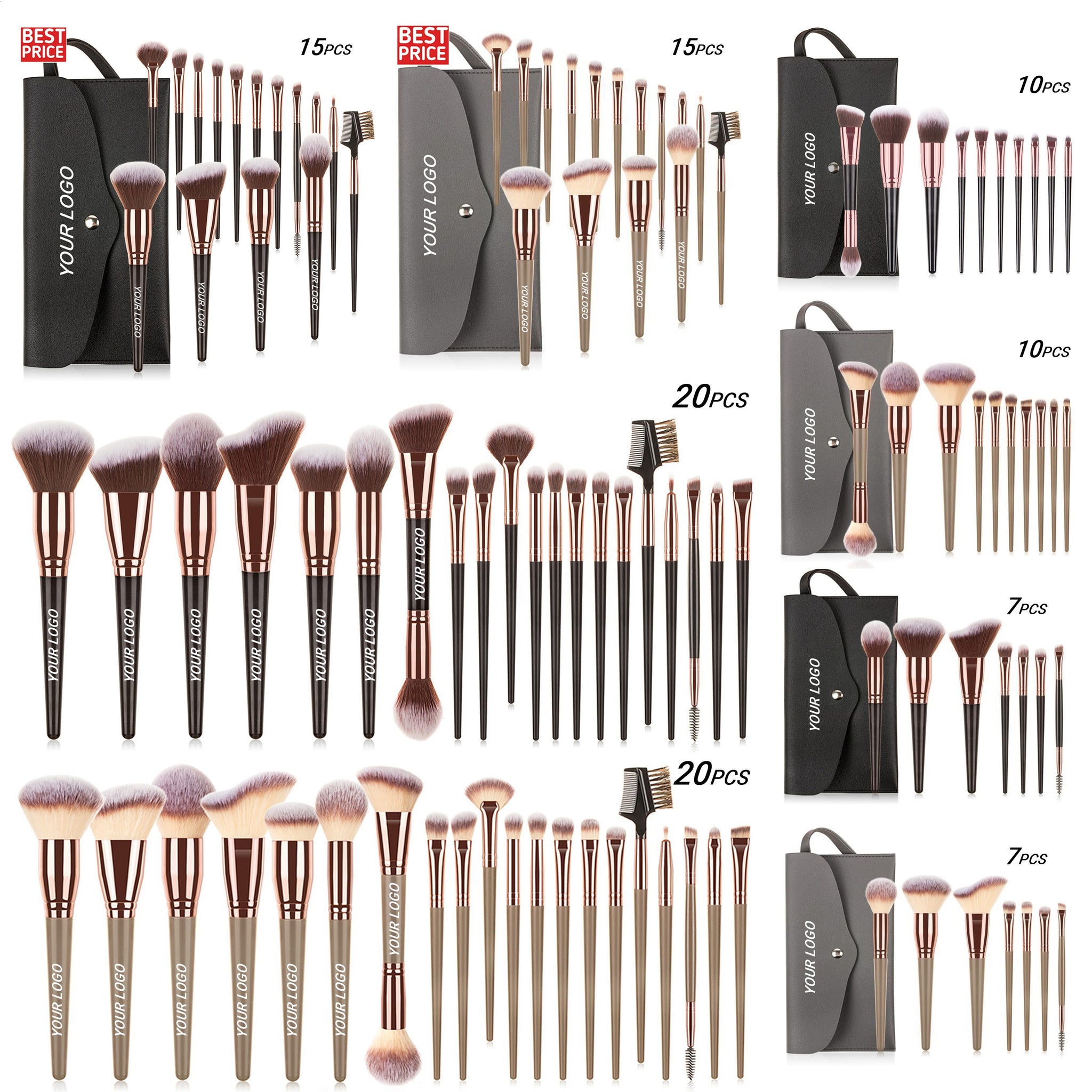 Juego de brochas de maquillaje veganas al por mayor para sombras de ojos, herramienta de maquillaje profesional, marca privada personalizada, color negro y marrón, 15 piezas