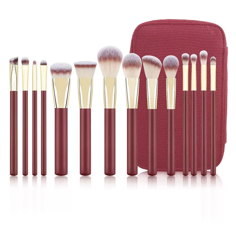 Nuevo juego de brochas de maquillaje 2025, 16 piezas, color rojo, vegano, completo, con purpurina, marca privada y estuche.