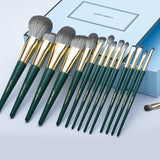 Juego de 15 brochas de maquillaje de pelo sintético verde de alta calidad, profesionales y personalizadas de fábrica.