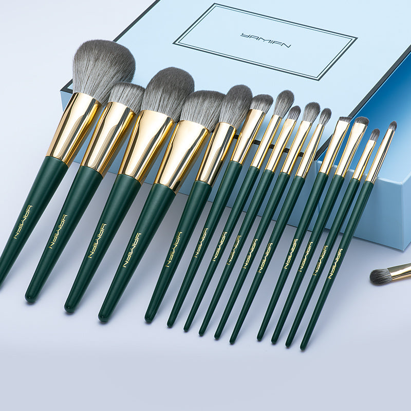 Juego de 15 brochas de maquillaje de pelo sintético verde de alta calidad, profesionales y personalizadas de fábrica.