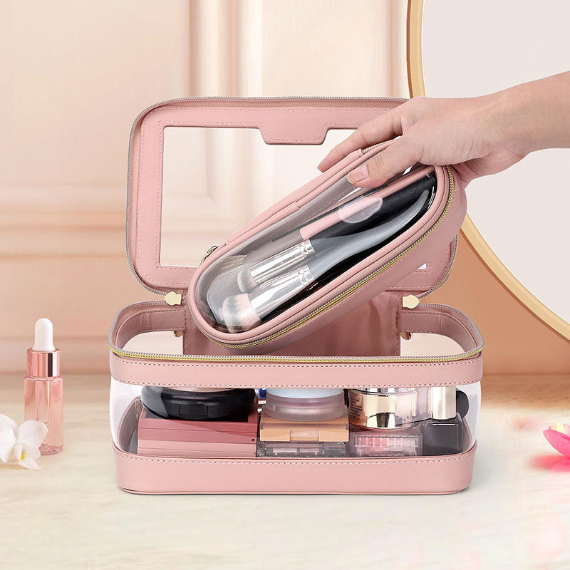 Custom Logo Small for Toiletry Makeup Pouch Transparent Clear PVC Leather Material with Fashion Zipper Closure