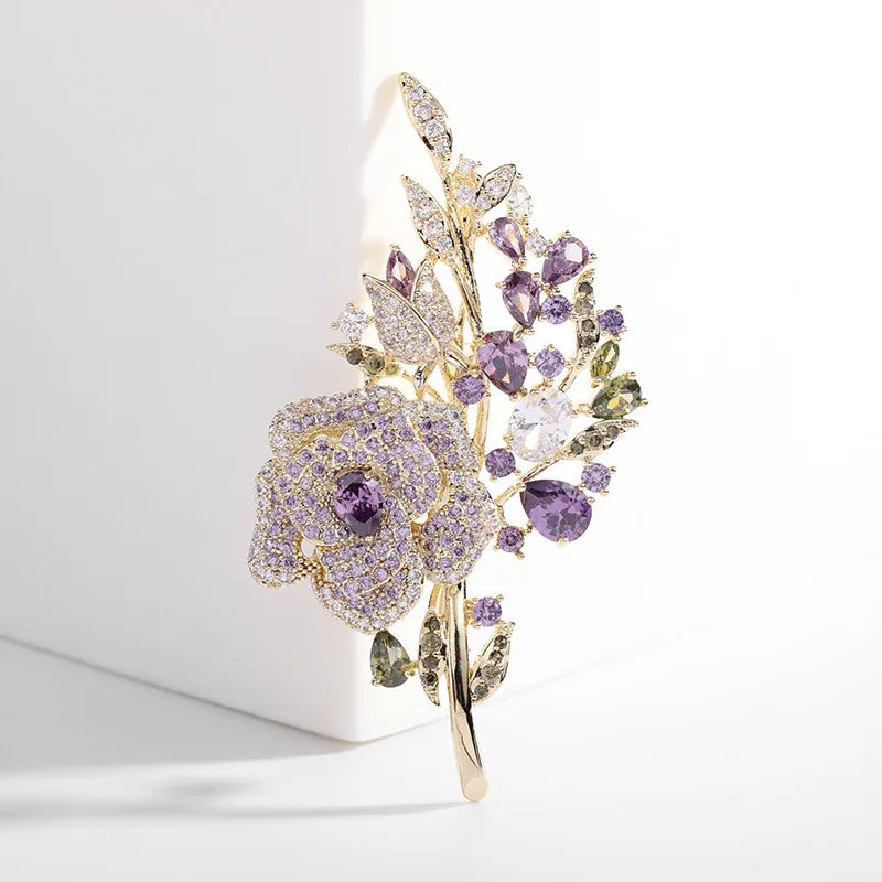 Elegant Women's Brooch Micro-Inlaid Color Zirconium Corsage Alloy Rose Brooch Pin Dinner Dress Flower Brooch