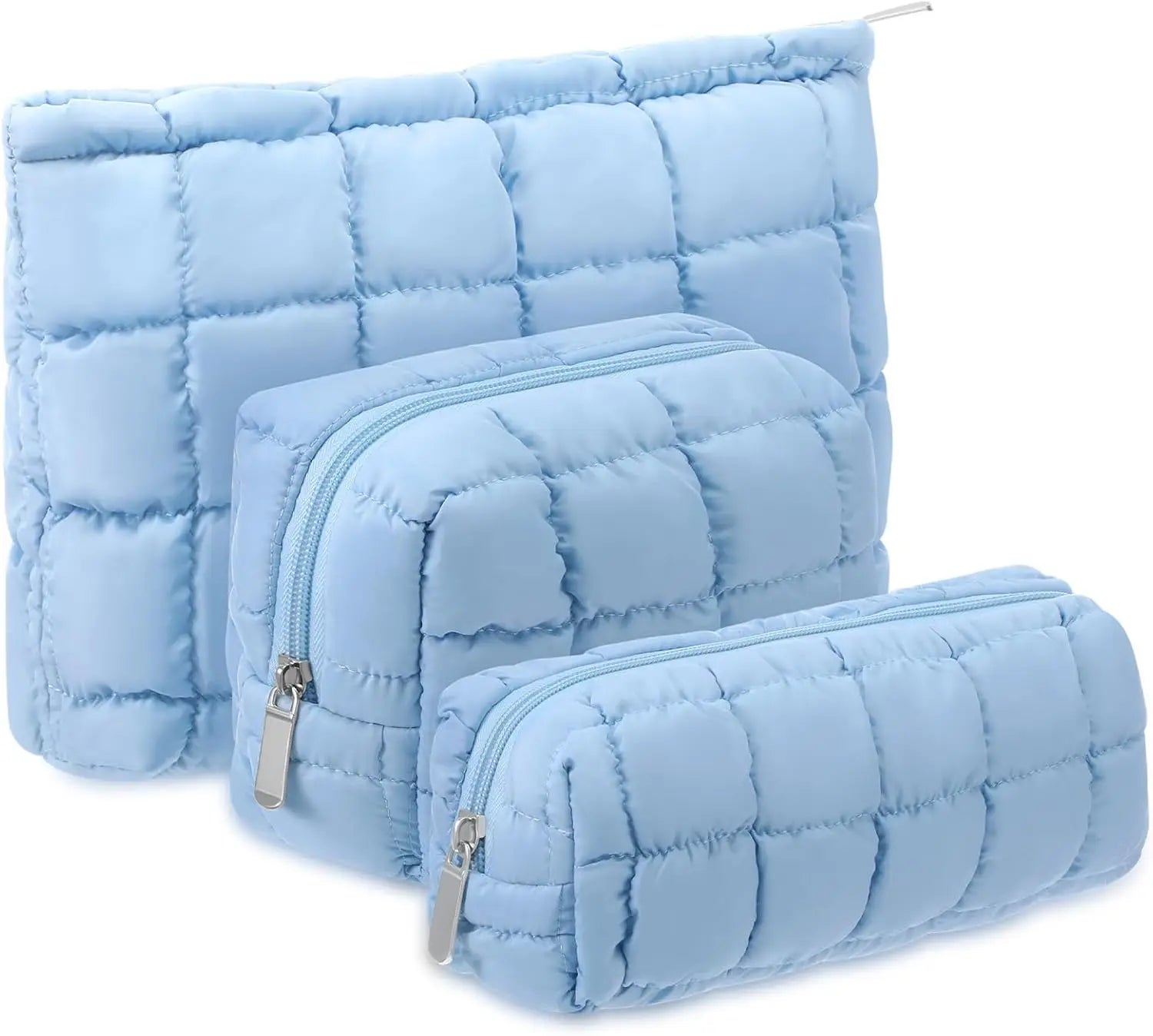 3 Pcs Portable Cute Puffy Quilted Makeup Bag Cosmetic Pouch Makeup Case Organizer with Zipper for Women Travel Organization