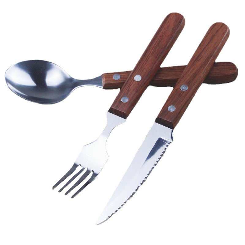 Juego de cubiertos occidentales de acero inoxidable con mango de madera: 3 piezas de cuchillo, tenedor y cuchara para carne, para uso doméstico y en restaurantes. 