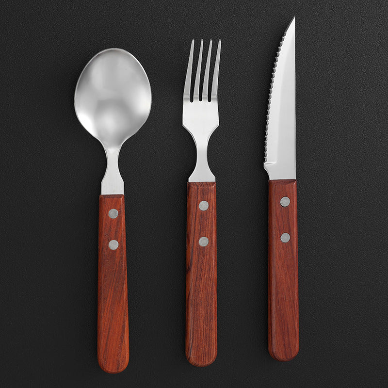 Juego de cubiertos occidentales de acero inoxidable con mango de madera: 3 piezas de cuchillo, tenedor y cuchara para carne, para uso doméstico y en restaurantes. 