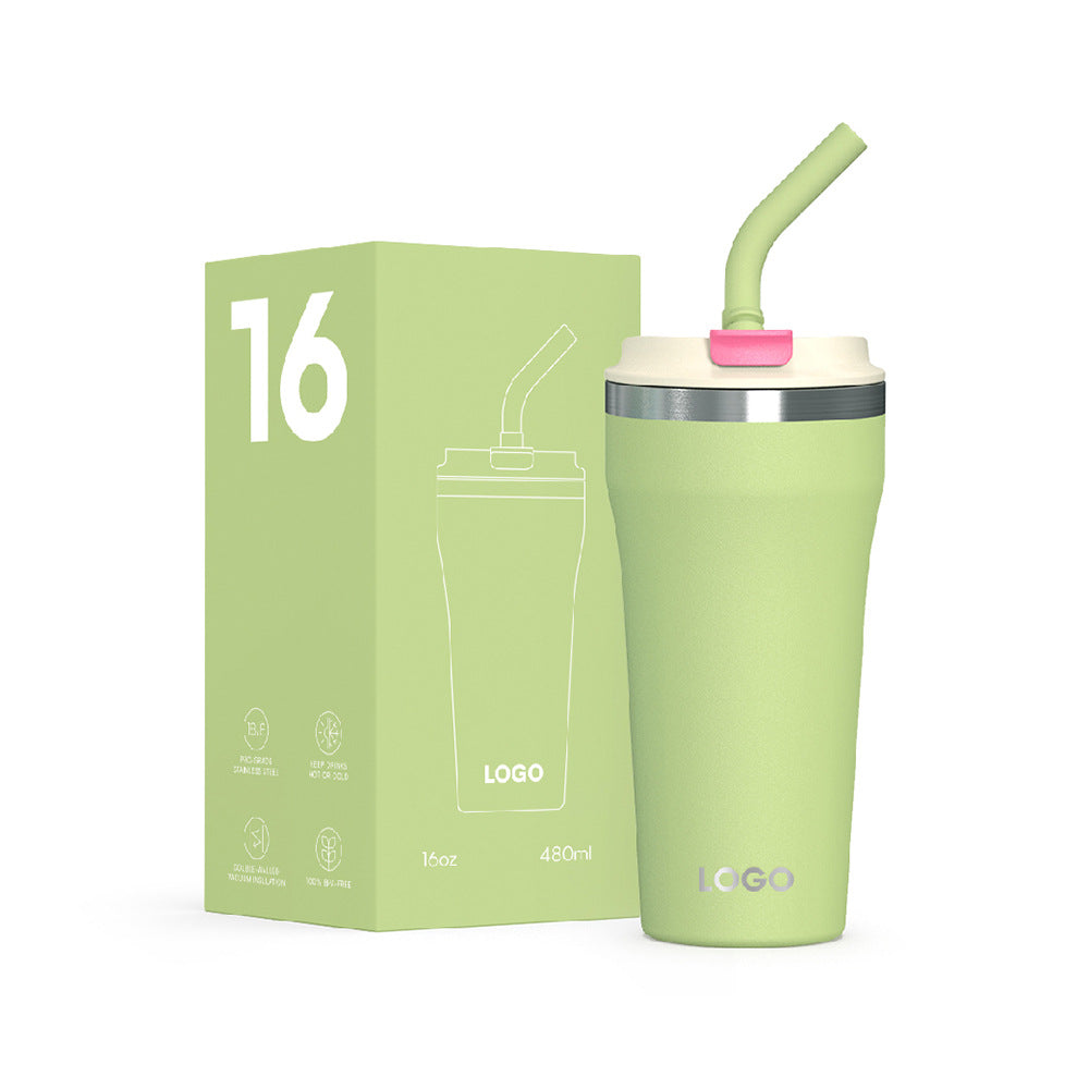 Vaso de café portátil personalizado de 16 oz, sin BPA, de acero inoxidable, a prueba de fugas, con pajita de silicona y aislamiento.