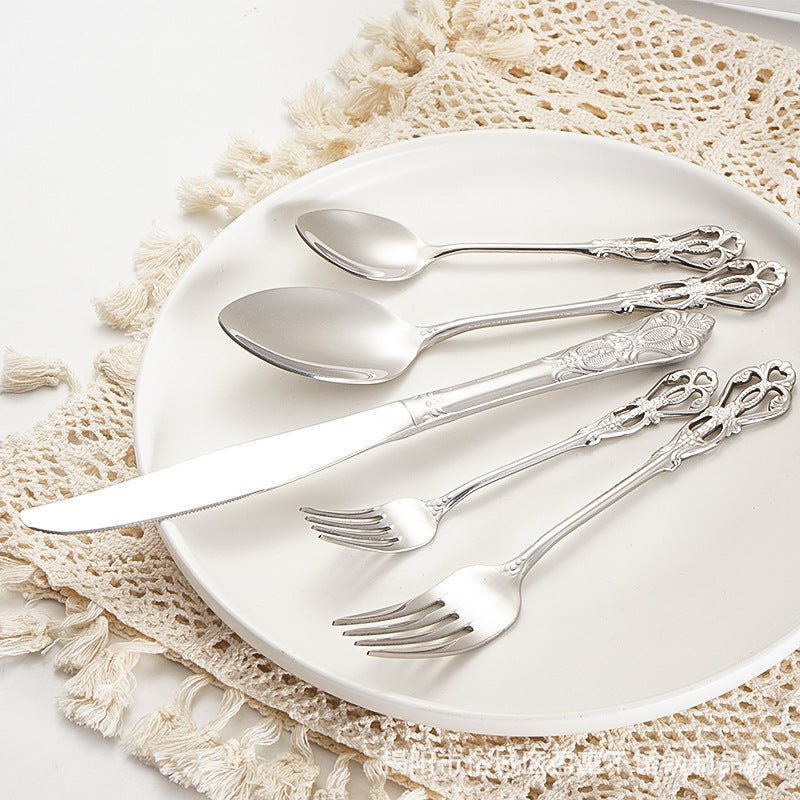 Cubiertos de acero inoxidable European Royal: cuchillo, tenedor y cuchara para carne con relieve y diseño hueco tallado para restaurantes en casa y hoteles. 