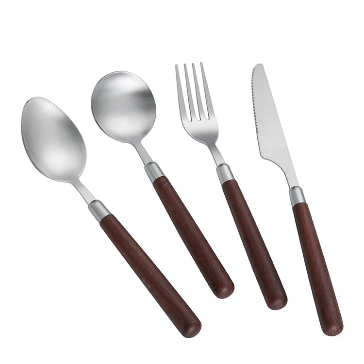 Juego de cubiertos de acero inoxidable de primera calidad con mangos de madera estilo nogal: juego de comedor de 4 piezas
