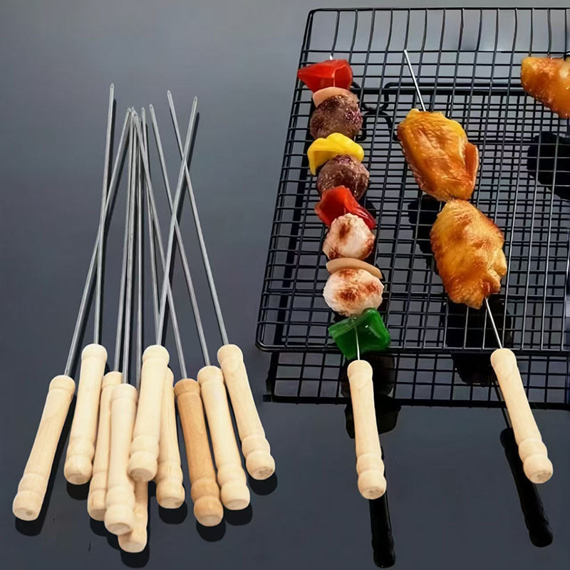 Paquete de 10 brochetas de madera para barbacoa: brochetas reutilizables y portátiles para barbacoa, camping y cocina al aire libre.