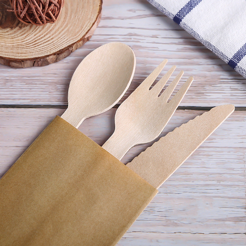 Juego de cubiertos de madera biodegradables: cuchillo, tenedor y cuchara occidentales de tejido para comida para llevar y envasado de alimentos.