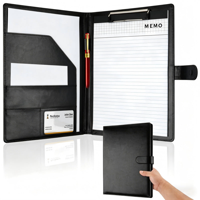 Custom Logo A4 PU Leather Padfolio Portfolio Folder with Clipboard, Memo Pad, Card Holder & Pen Loop for Business Office
