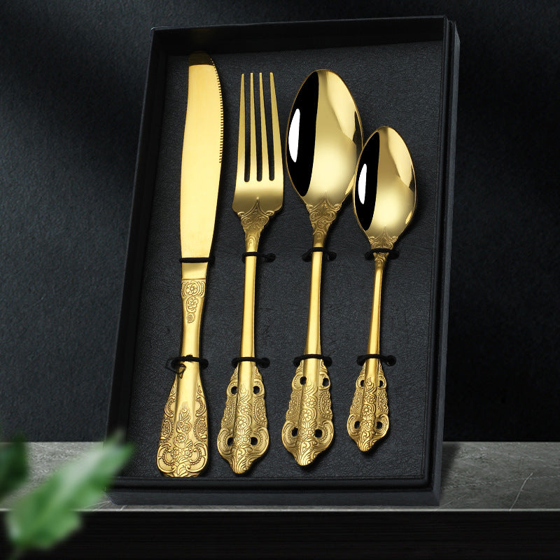 Caja de regalo de 4 cubiertos Royal Vintage de acero inoxidable: cuchillo, tenedor y cuchara para carne