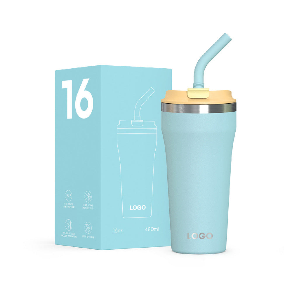 Vaso de café portátil personalizado de 16 oz, sin BPA, de acero inoxidable, a prueba de fugas, con pajita de silicona y aislamiento.