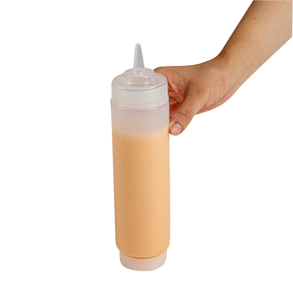 Botella de plástico transparente de 16 oz (primero en entrar, primero en salir), tapa de repuesto, punta de precisión, 2 1/2" x 2 1/2" x 9 1/4" (caja de 1 unidad)