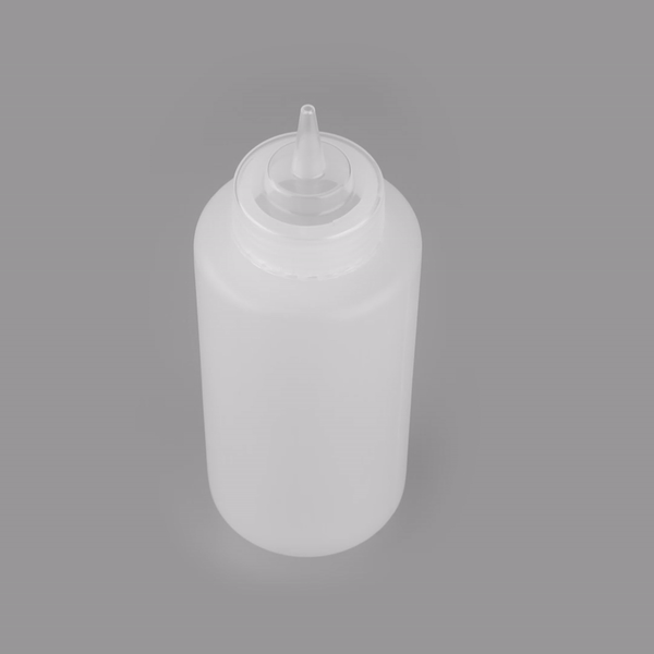 Botella de plástico transparente de 32 oz (primero en entrar, primero en salir), tapa de repuesto, punta de precisión, 9 1/2" x 3 1/2" x 3 1/2" (caja de 1 unidad)
