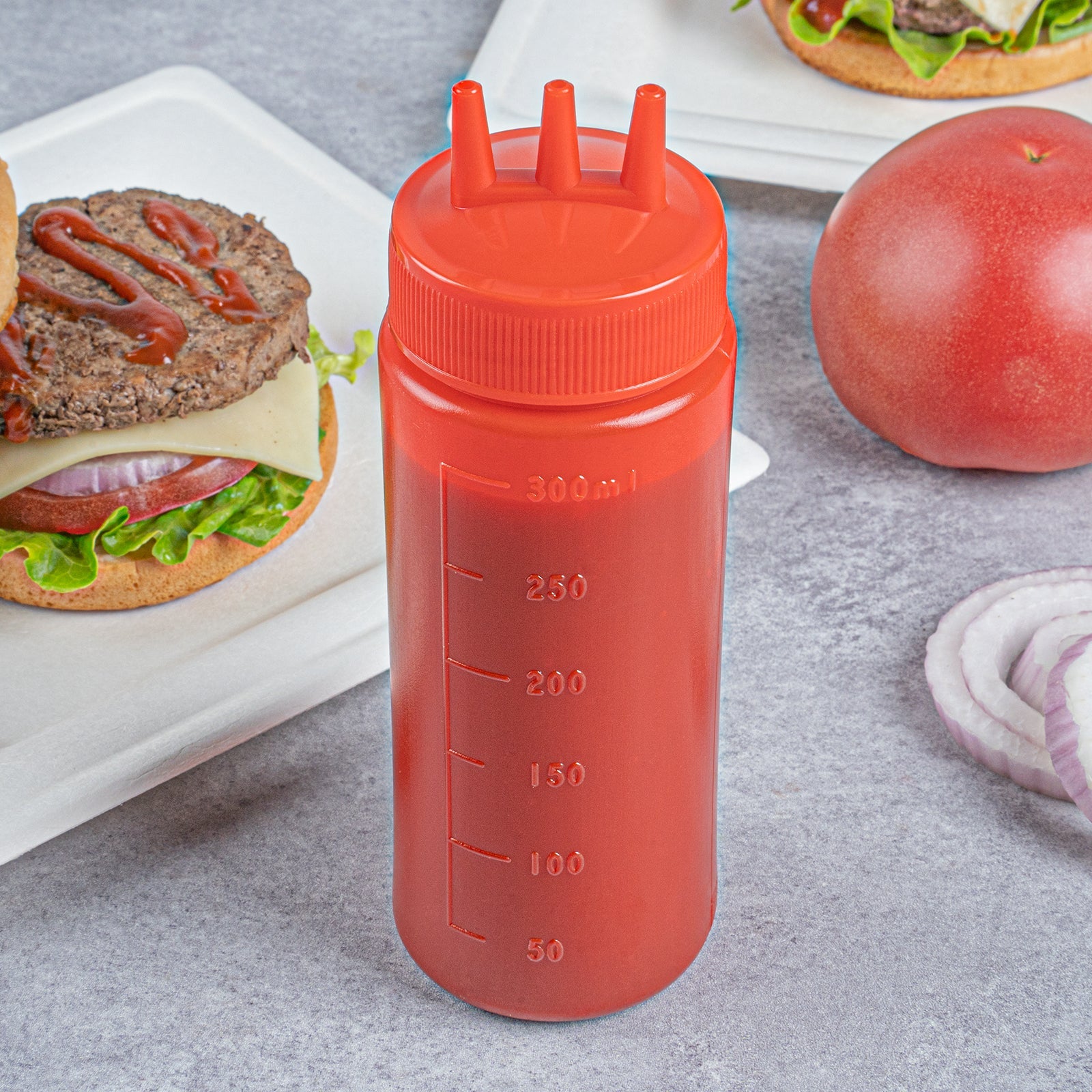 Botella de plástico para ketchup Sauce Tek de 12 oz, color rojo, con punta de triple dispersión, caja de 6 unidades