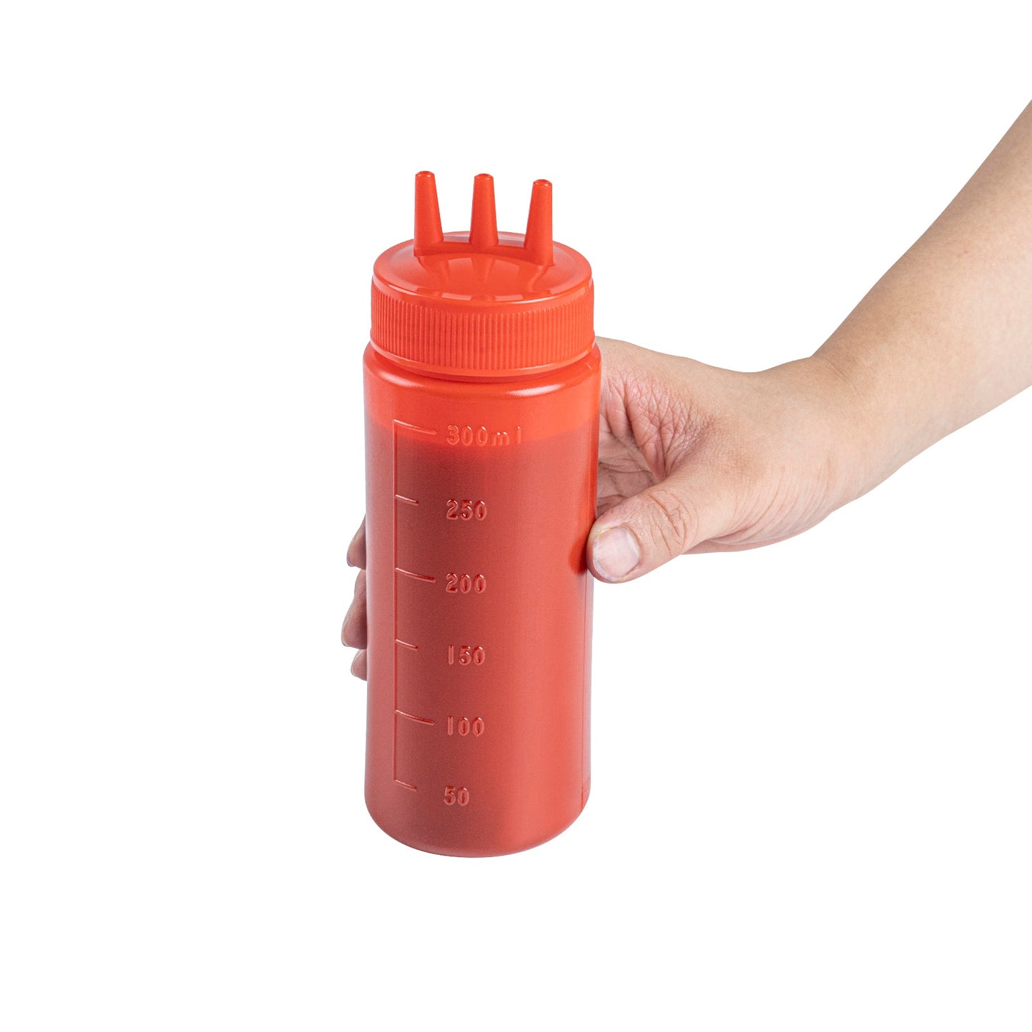 Botella de plástico para ketchup Sauce Tek de 12 oz, color rojo, con punta de triple dispersión, caja de 6 unidades