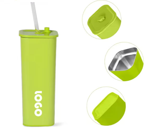 Vaso cuadrado de acero inoxidable de doble capa, personalizado, ecológico, de 16 oz, con aislamiento al vacío y base de silicona portátil, para coche, taza de viaje.