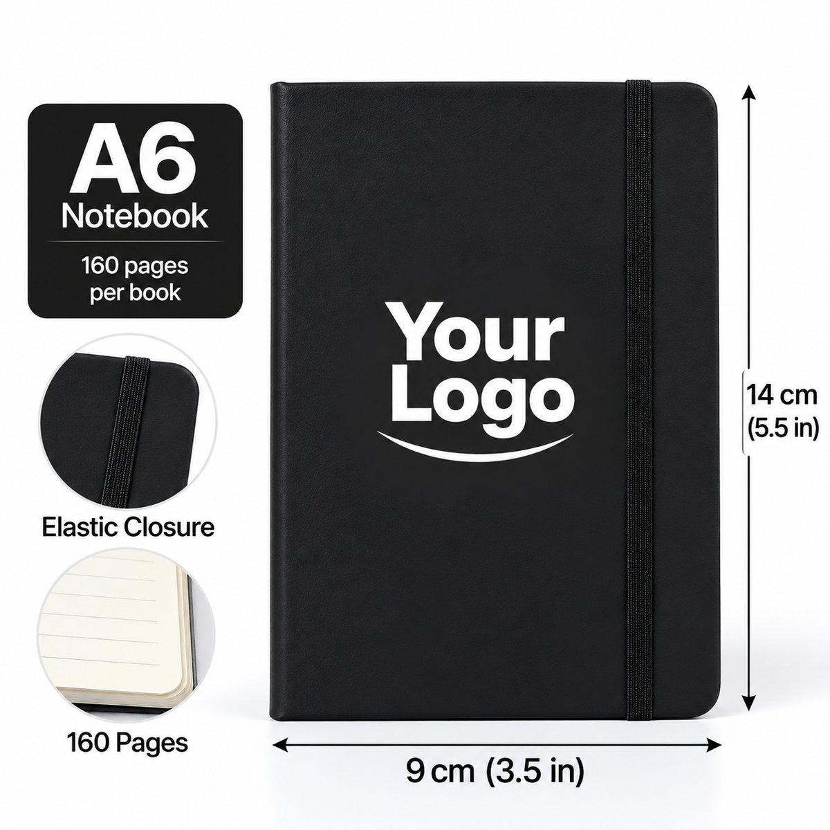 Custom A6 Notebook Wholesale | Personalized Pocket Journal with Logo, Elastic Strap, 160 Pages, 9 × 14 cm (3.5 × 5.5 in)
