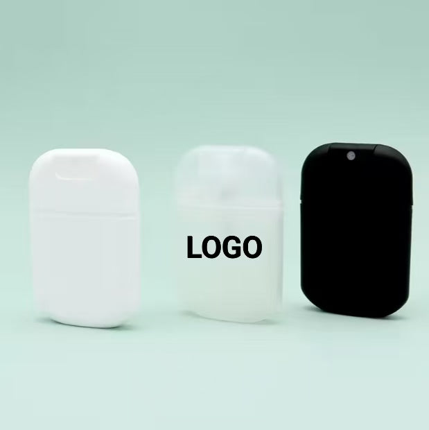 Atomizador de perfume de viaje con logotipo personalizado de 20 ml, botella de plástico rellenable con atomizador para tarjetas de crédito.