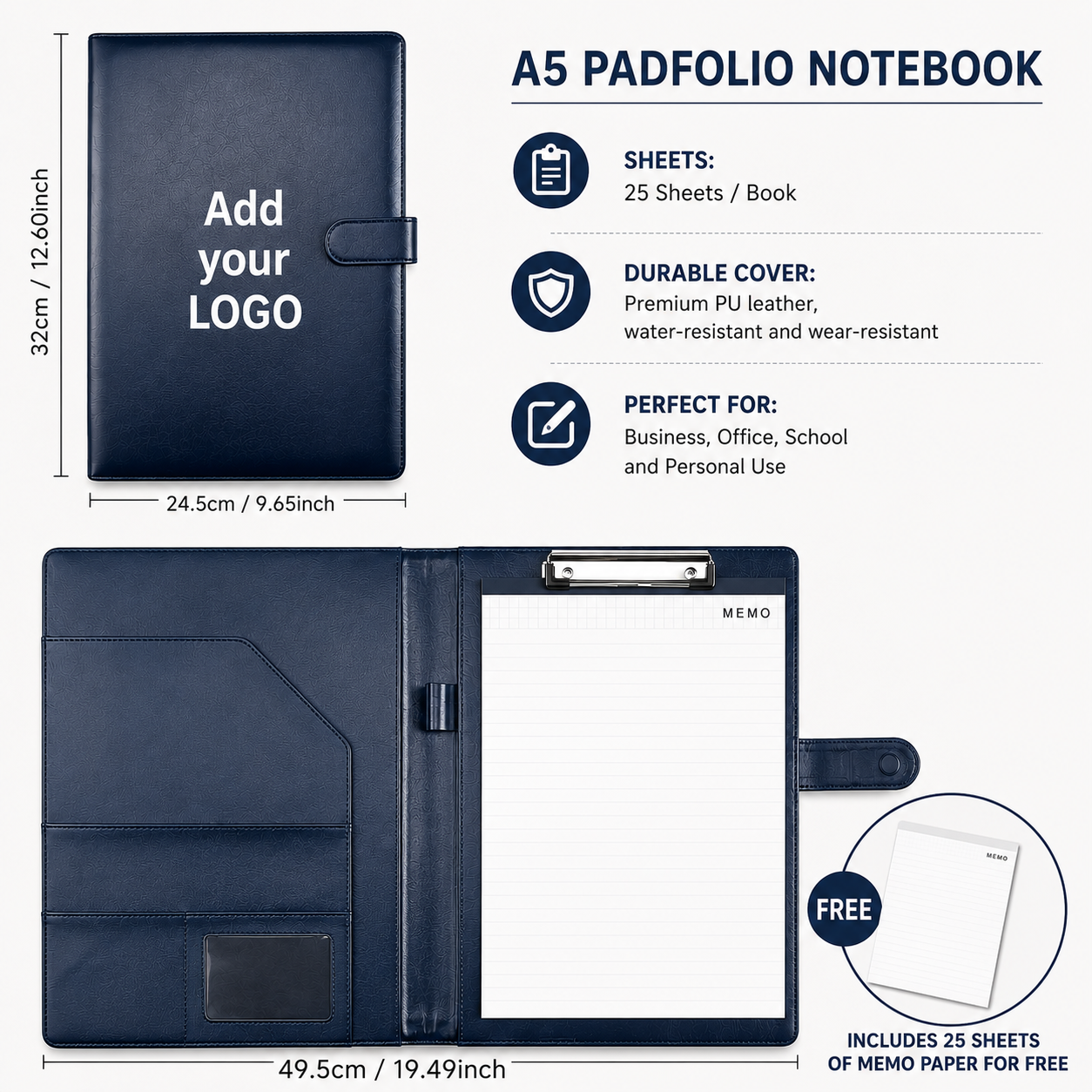 Custom Logo A4 PU Leather Padfolio Portfolio Folder with Clipboard, Memo Pad, Card Holder & Pen Loop for Business Office