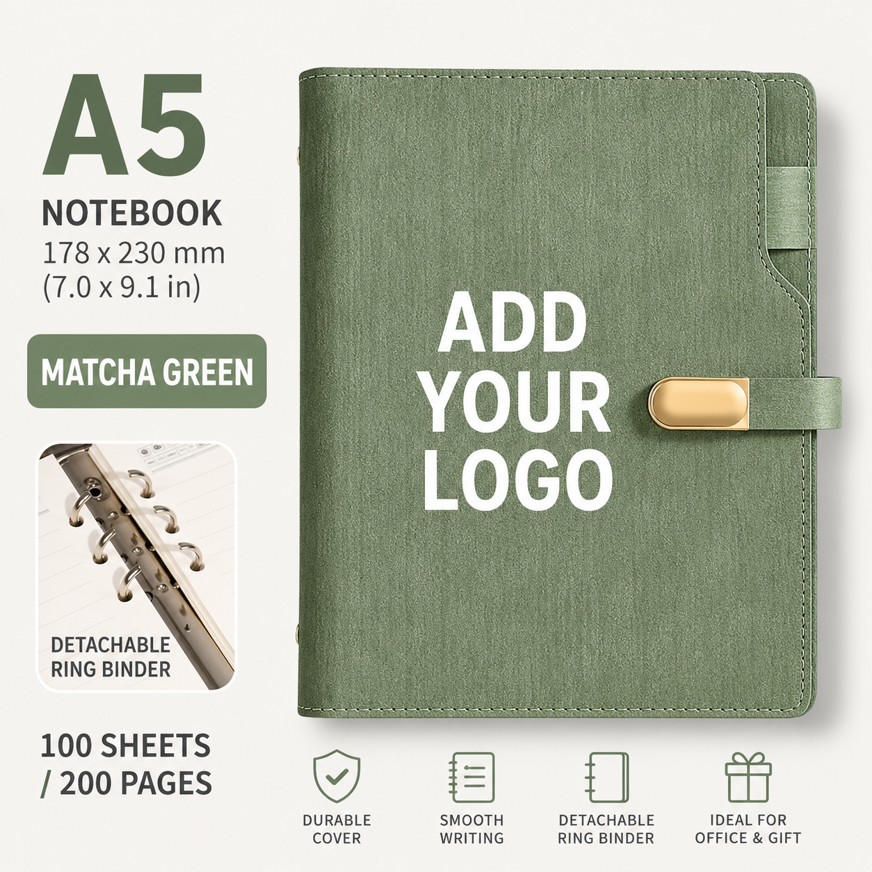 Custom Logo A5 Refillable PU Leather Notebook with 6-Ring Binder, 100 Sheets / 200 Pages, Business Journal Organizer