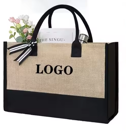 Bolsa de yute reutilizable con logotipo personalizado, moderna bolsa de playa de yute, asa de cuerda, regalo natural para bodas y fiestas, logotipo impreso.