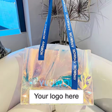 Nueva bolsa de compras transparente de PVC con logotipo personalizado impreso a la moda, bolsa de compras impermeable de PVC, bolsa de playa