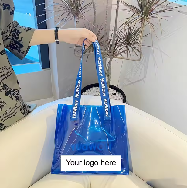 Nueva bolsa de compras transparente de PVC con logotipo personalizado impreso a la moda, bolsa de compras impermeable de PVC, bolsa de playa