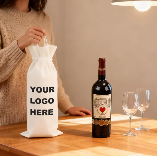 Topjlh Heat Transfer Selling Sublimation Compatible Custom Logo Acceptable Cotton Linen Red Wine Bottle Bag
