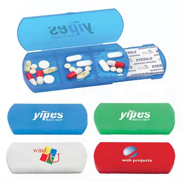 Custom Logo Popular Pharmacy Gift Plastic 2 in 1 Pill Box 3 Compartments and Bandage Dispenser