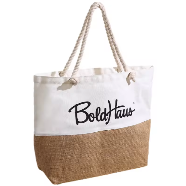 Bolsa de lona de patchwork de gran capacidad con logotipo personalizado, bolsa de algodón y lino, bolsa de yute portátil de algodón y lino, venta al por mayor