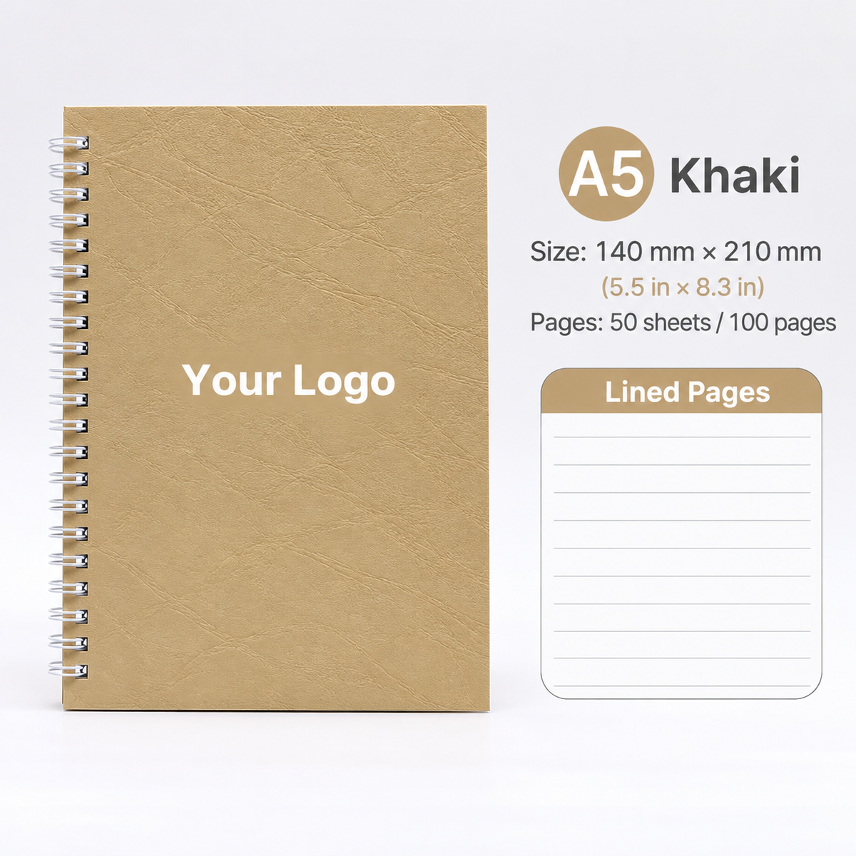 Custom Logo A5 Spiral Notebook, Personalized Lined Journal, 100 Pages, 5.5" x 8.3"