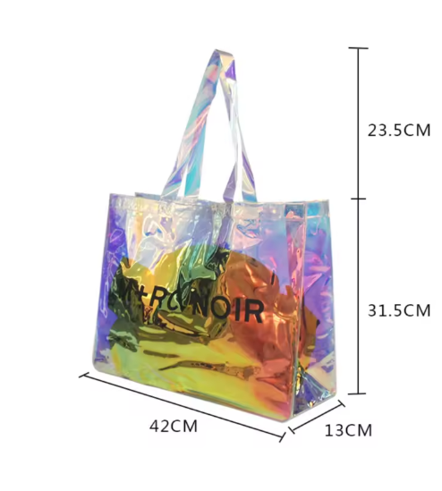 Bolsa de compras de PVC transparente con logotipo personalizado, gran capacidad, transparente, iridiscente, para mujer, con logotipo personalizado, letras, cinta y cuerda
