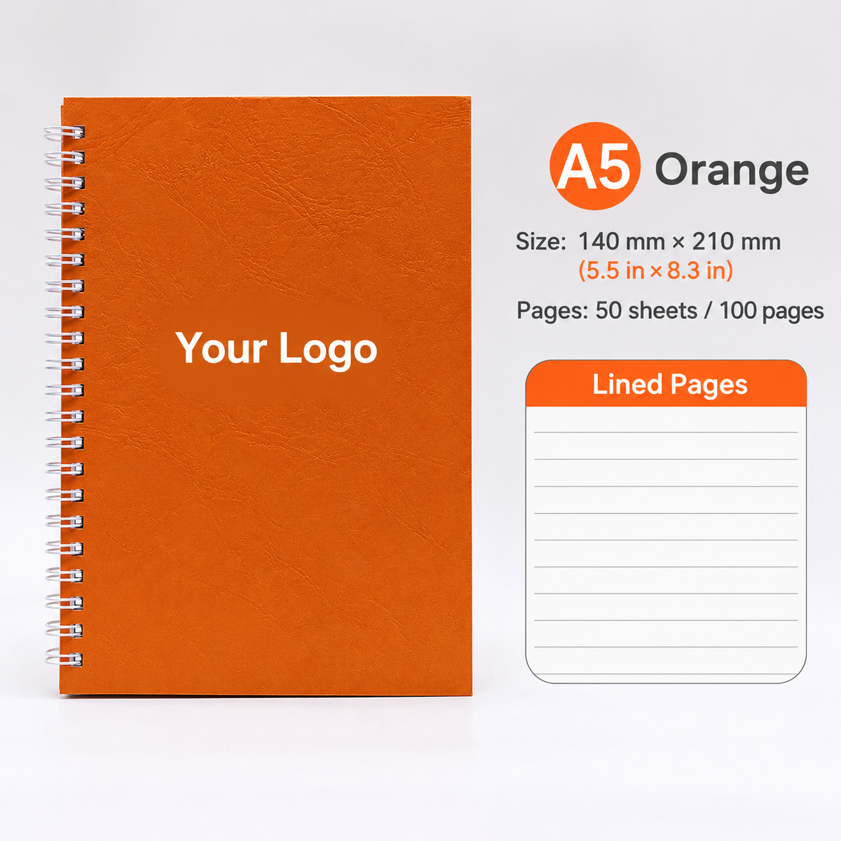 Custom Logo A5 Spiral Notebook, Personalized Lined Journal, 100 Pages, 5.5" x 8.3"