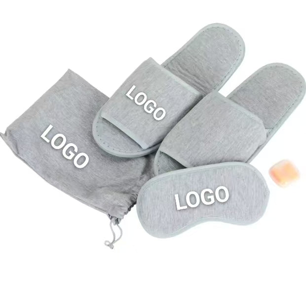 Custom Airplane Travel Sleeping comfort Kits Blindfold Ear Plug air Pillow Folded slippers Travel Sleep Kit