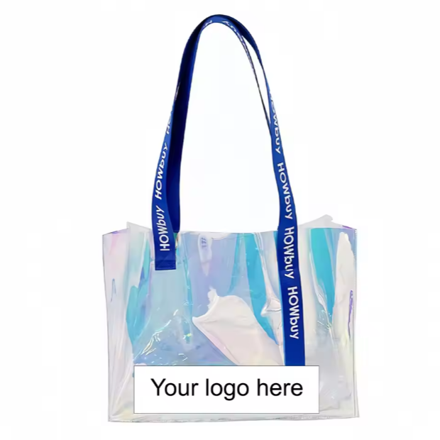 Nueva bolsa de compras transparente de PVC con logotipo personalizado impreso a la moda, bolsa de compras impermeable de PVC, bolsa de playa