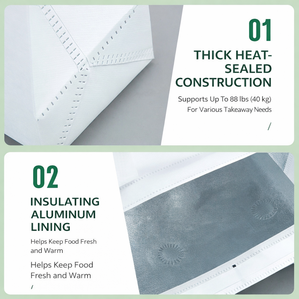 Custom Insulated Takeaway Bags with Aluminum Foil Lining – Non-Woven Food Delivery Bags for Restaurant & Beverage Packaging